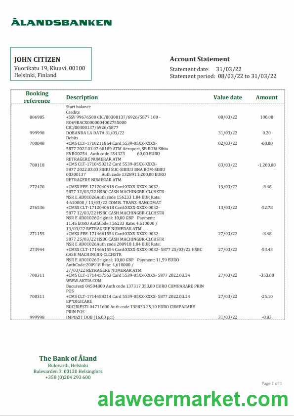 Finland Aland Bank statement template, Word and PDF format